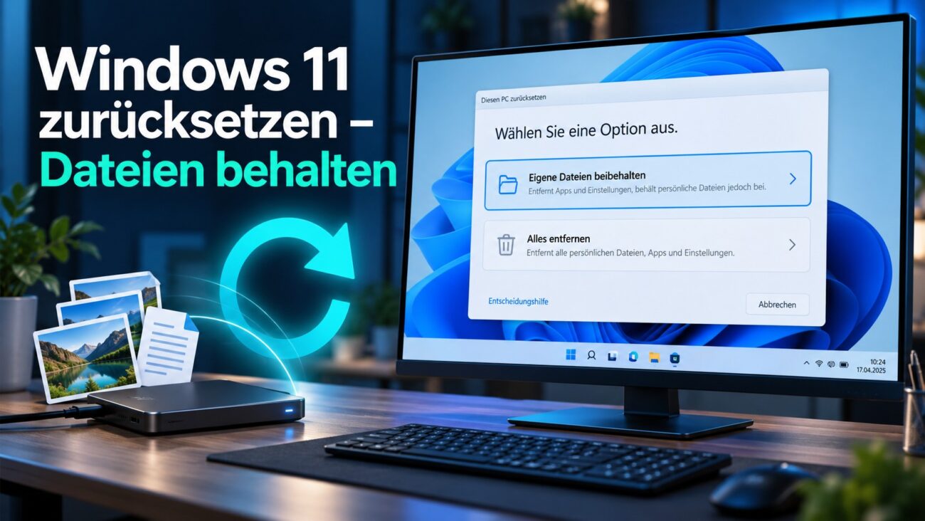 Windows-11-Wiederherstellung mit der Option „Eigene Dateien beibehalten“ und externer SSD zur Datensicherung.