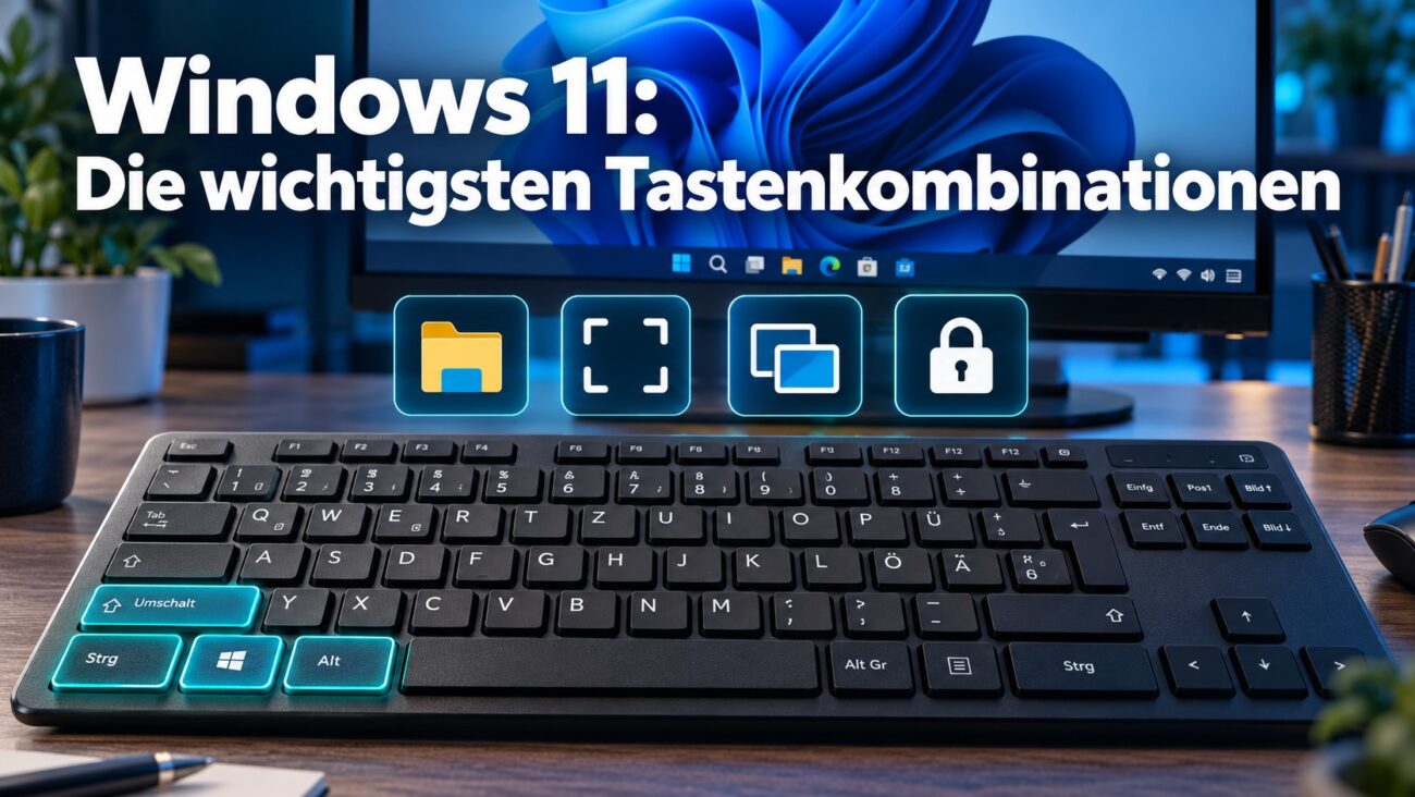 Tastatur an einem Windows-11-Arbeitsplatz mit hervorgehobenen Tasten und Symbolen für wichtige Tastenkombinationen.