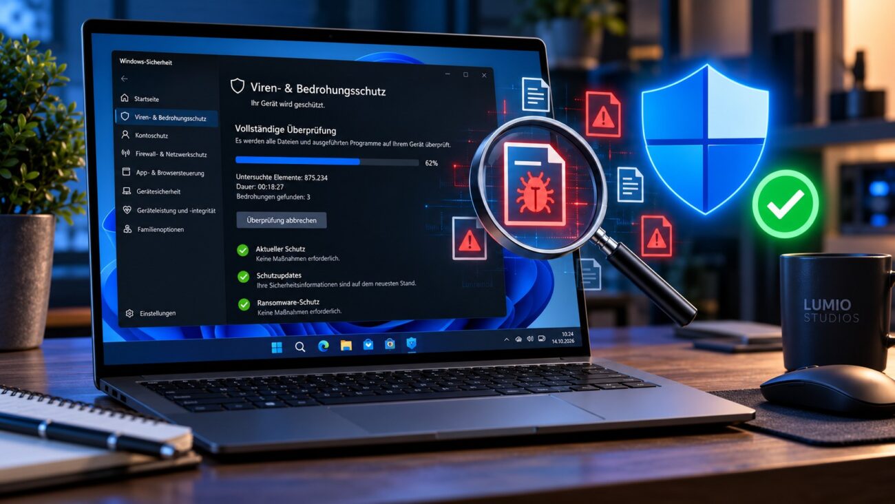 Windows-11-Laptop mit Virenscan, Schutzschild und Sicherheitsprüfung nach einem Malware-Befall.