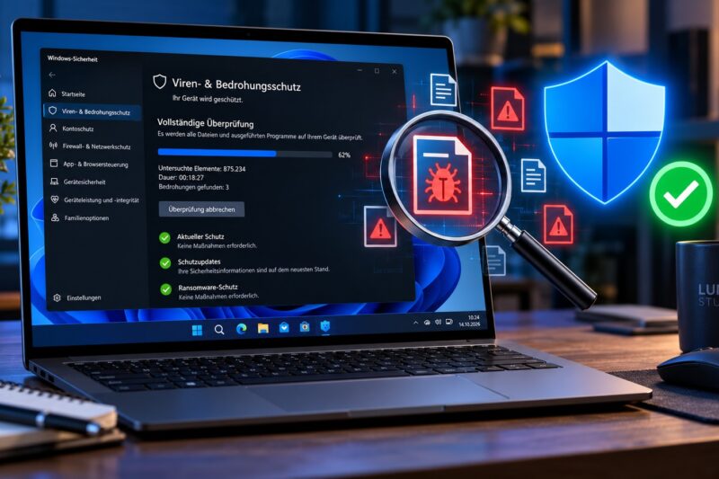 Windows-11-Laptop mit Virenscan, Schutzschild und Sicherheitsprüfung nach einem Malware-Befall.